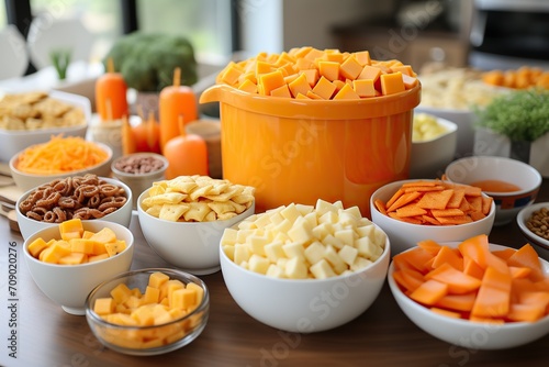 Assorted cheese and snacks arranged on a table for a party
