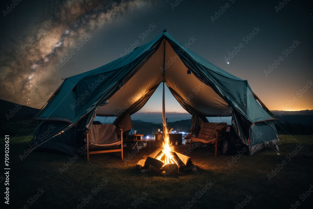 Night Camping Under the Stars with Bonfire Glow