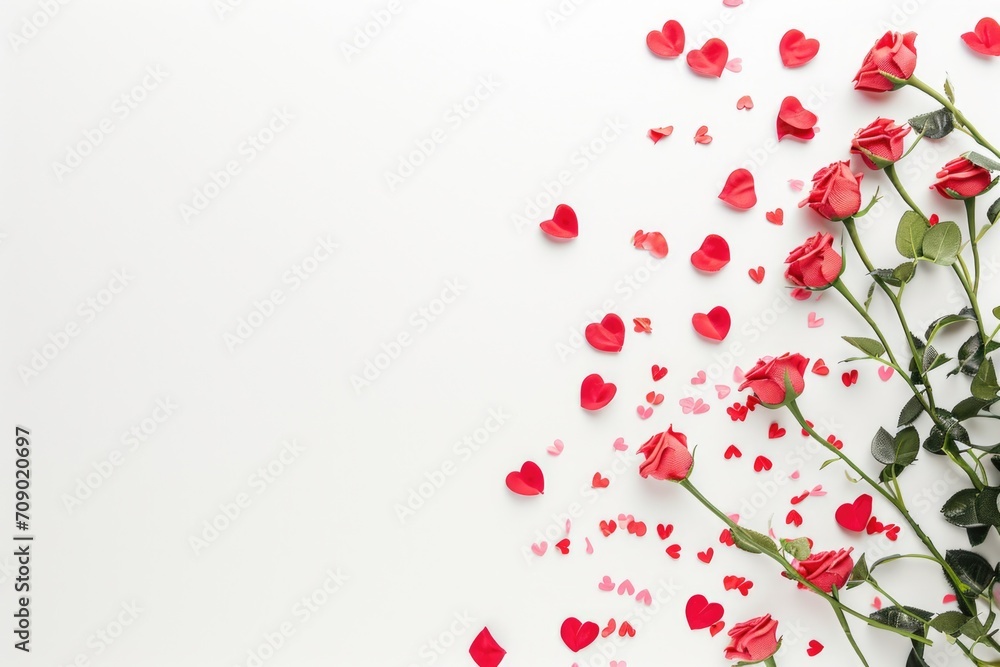Beautiful red roses, hearts and confetti on white background, flat lay. AI generated