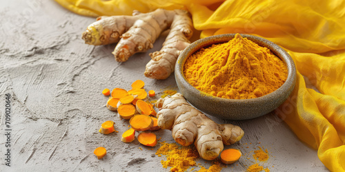 Vibrant Turmeric Powder and Root. Fresh turmeric sliced root beside bowl of bright yellow dry powder. Fabric in the background, copy space.