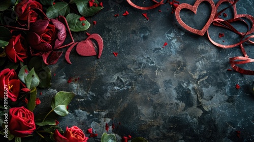 Valentines day background with red roses and hearts on dark vintage background. AI generated