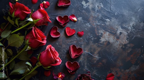 Valentine's day background with red roses and hearts on dark background. AI generated
