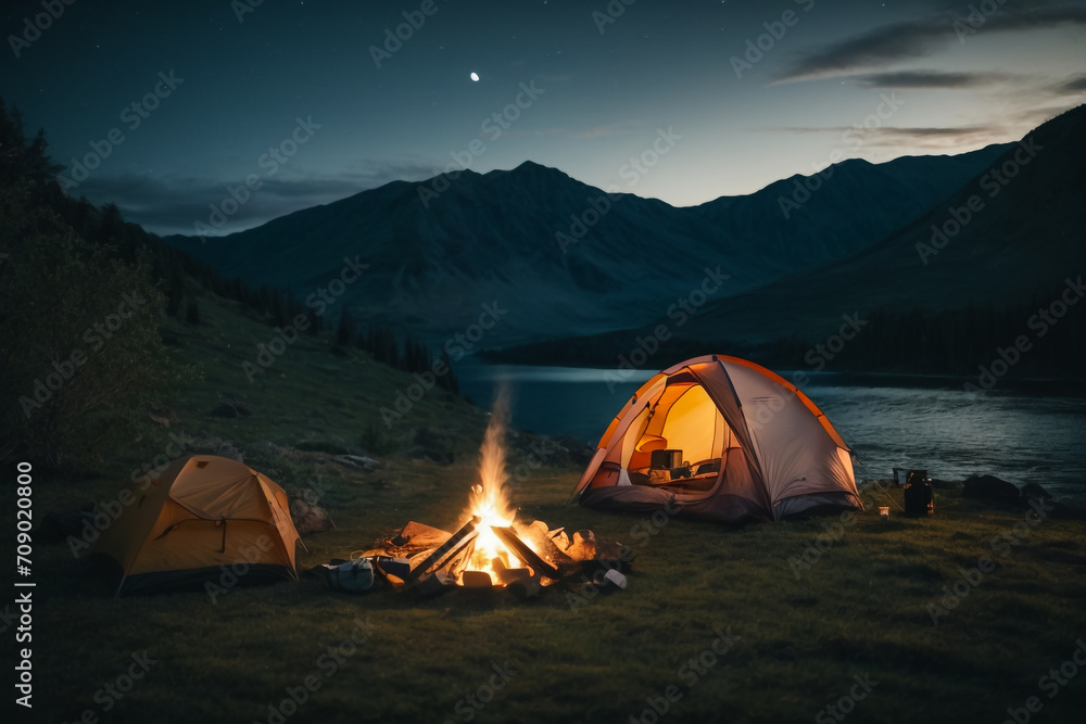 Night Camping Under the Stars with Bonfire Glow Night Camping Under the Stars with Bonfire Glow