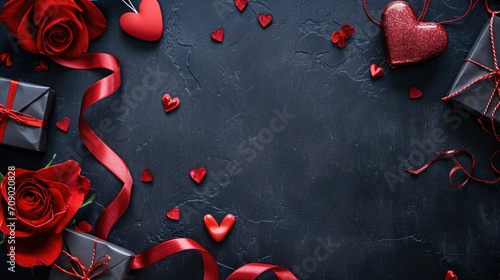 Valentines day background with red roses, gift box and hearts on black stone table. Top view with copy space. AI generated