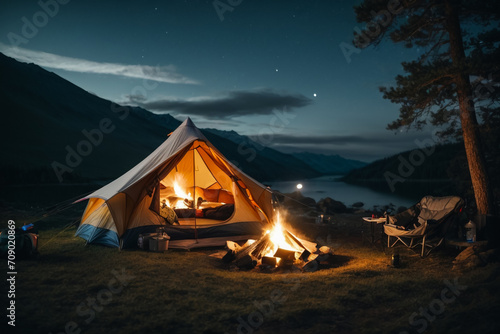 Night Camping Under the Stars with Bonfire Glow © Ishal