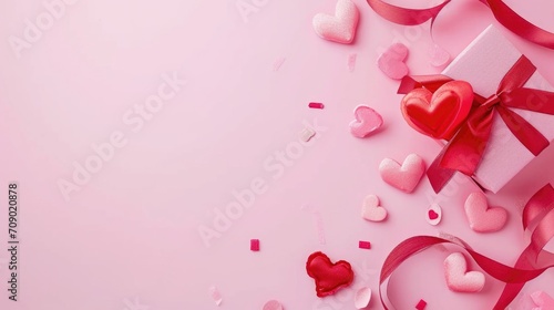Valentine's day background with hearts and gift box on pink. AI generated