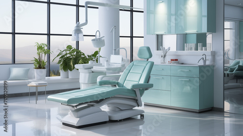 Dentist's office interior with a contemporary chair and unique element isolated against a white background