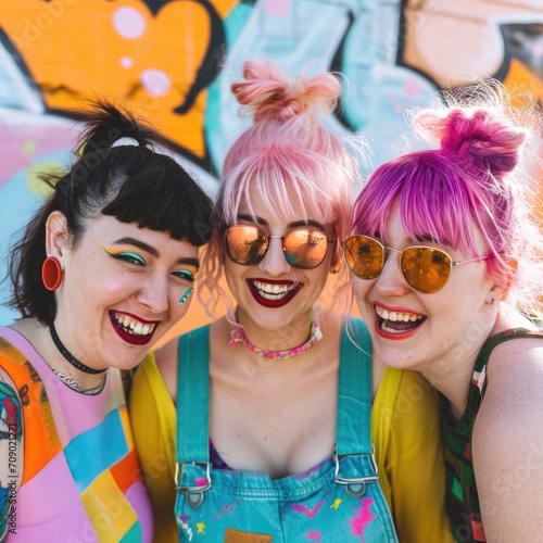 Portrait of happy young women with pink hair against graffiti wall. AI generated