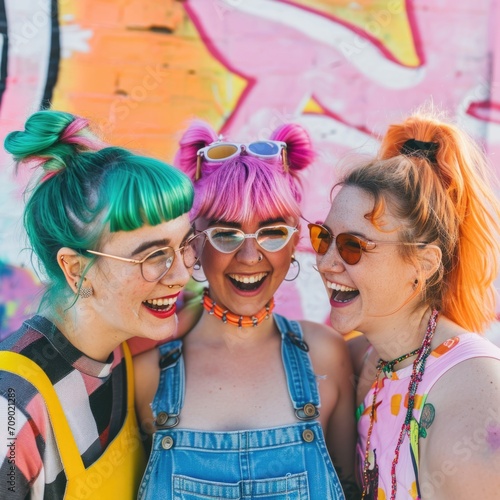young beautiful hipster girls having fun and posing cheerful in the city. AI generated