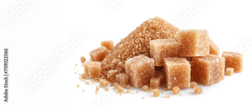Brown sugar and sugar cubes isolated, banner.