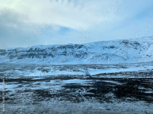 A view of the Iceland Countryside in the winter covered with Snow and Ice