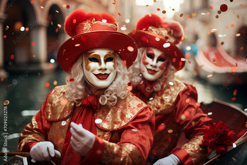 Carnival with Masks in the Venice Canals, Italian Carnival Flourishes on Venice's Grand Canal, Complete with Elegant Masks, Red Gondolas on the River Carnival with Masks in the Venice Canals, Italian Carnival Flourishes on Venice's Grand Canal, Complete with Elegant Masks, Red Gondolas on the River