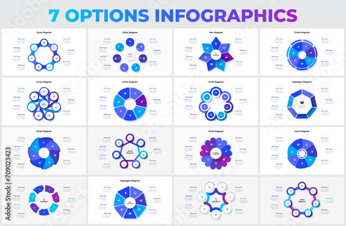 Set of vector heptagons, circles, arrows and abstract elements for cycle infographic with 7 options, steps or processes
