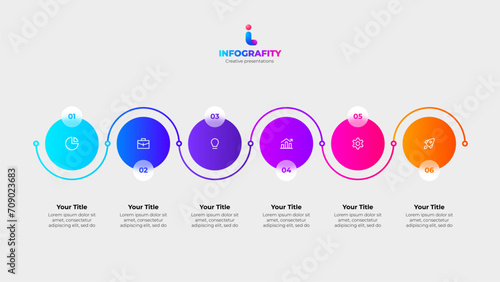 Six circles arranged in a row with a curved thin line and glassmorphism effect. Infographic design template with 6 options, steps or processes