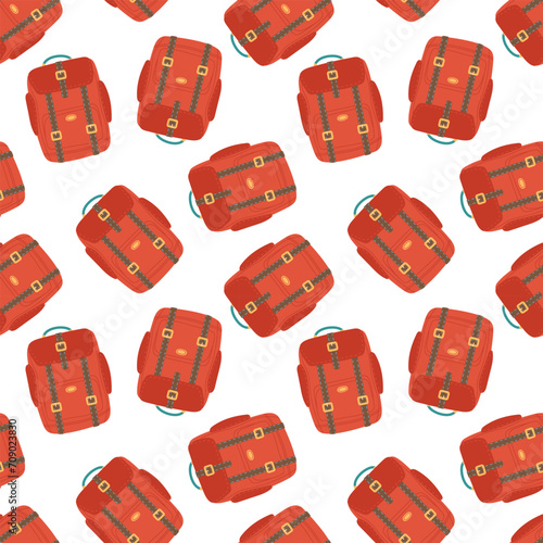 Seamless pattern with closed backpack. Classic styled hiking backpack. Travel, nikes, trips tourism, school or sport background wallpaper, textile, wrapping. Bag pattern. Stylish bag fashion element