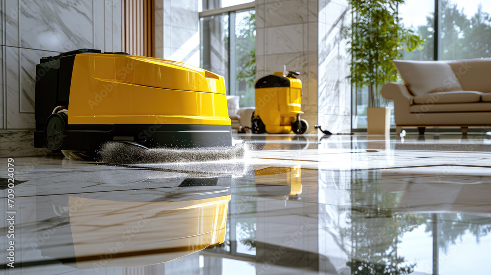Cleaning machine in empty office lobby, yellow vacuum equipment on ...