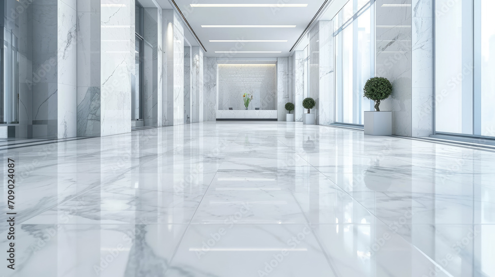Interior of luxury lobby of office or hotel, clean shiny floor in commercial building hall after professional cleaning service, perspective view. Concept of modern marble tile, corporate - obrazy, fototapety, plakaty 