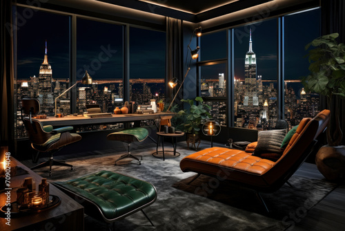 Rich home office interior at night, dark modern apartment in skyscraper with city view. Stylish luxury room design with green orange leather furniture. Concept of window, building