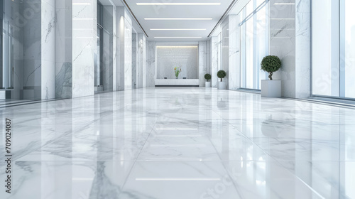 Interior of luxury lobby of office or hotel, clean shiny floor in commercial building hall after professional cleaning service, perspective view. Concept of modern marble tile, corporate