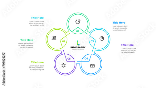 Outline pentagon diagram divided into 5 sectors. Design concept of five steps or parts of business cycle. Infographic design template