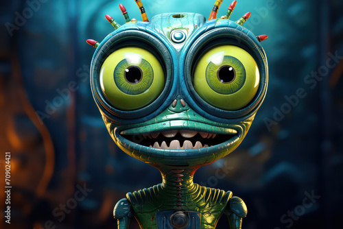 Joyful Alien: A Adorable Green Monster Cartoon Illustration with Cute Robot and Happy Frog in Space