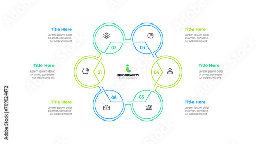 Outline hexagon diagram divided into 6 sectors. Design concept of six steps or parts of business cycle. Infographic design template