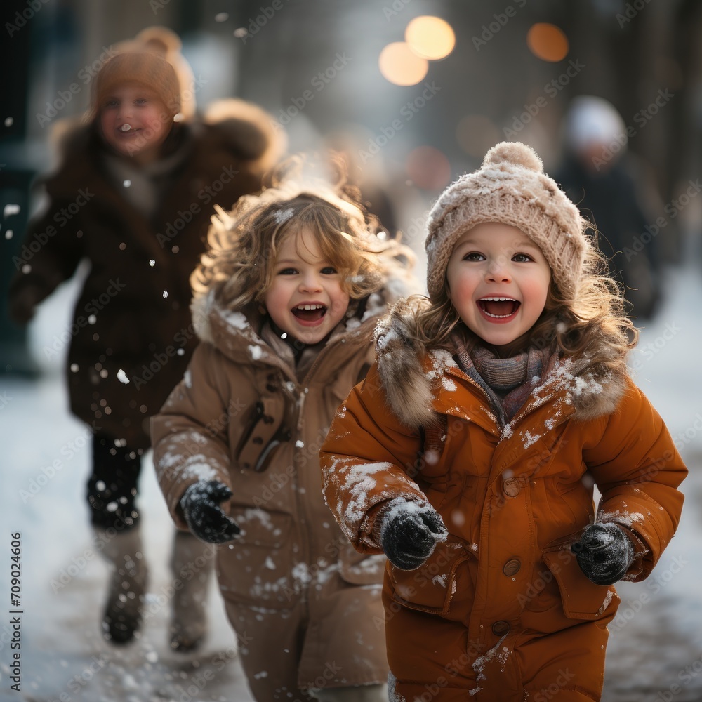 Children are playing snowballs on the street. Winter fun holidays.