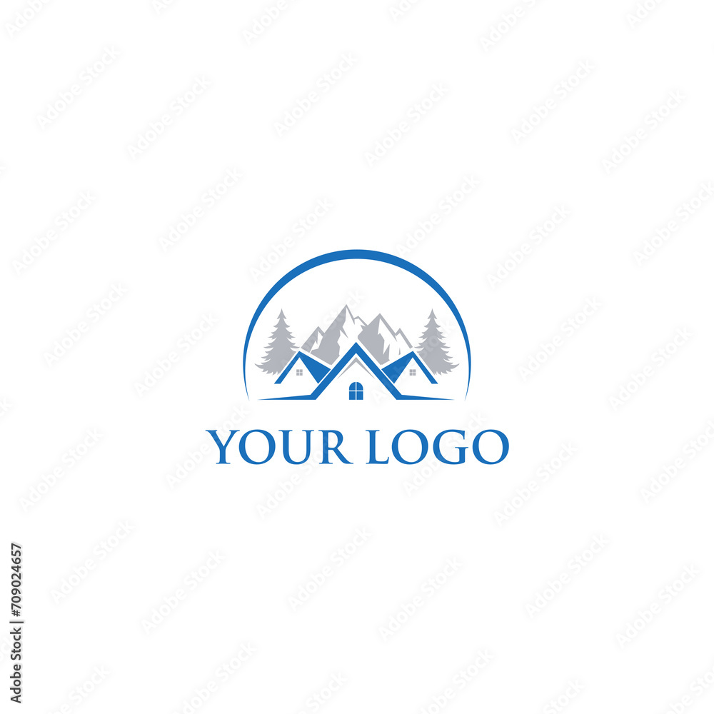 The logo concept is the shape of a house and the silhouette of mountains and trees, suitable for housing and real estate companies