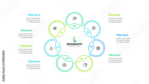 Outline heptagon diagram divided into 7 sectors. Design concept of seven steps or parts of business cycle. Infographic design template