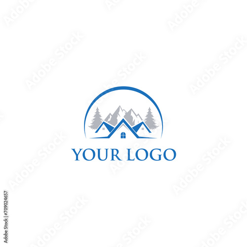 The logo concept is the shape of a house and the silhouette of mountains and trees, suitable for housing and real estate companies