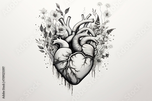 Anatomical Floral Heart Art. Valentines day card. Anatomical heart with flowers. Black and white ink illustration