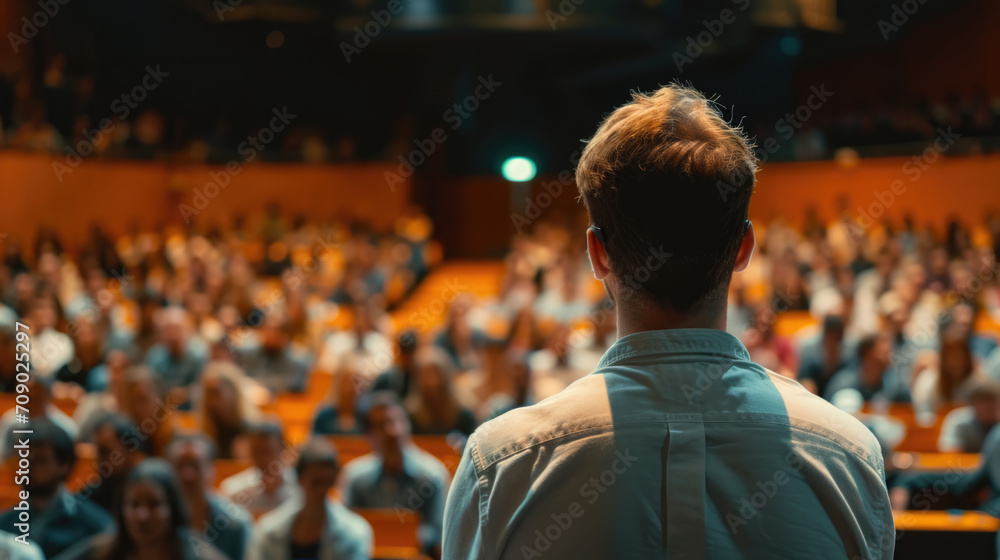 A speaker addressing an audience in an auditorium during a seminar, viewed from behind, showcasing the educational interaction. A speaker addressing an audience in an auditorium during a seminar, viewed from behind, showcasing the educational interaction.