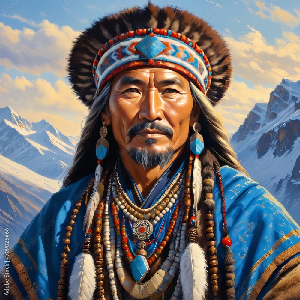 Altaian shaman with mountain background