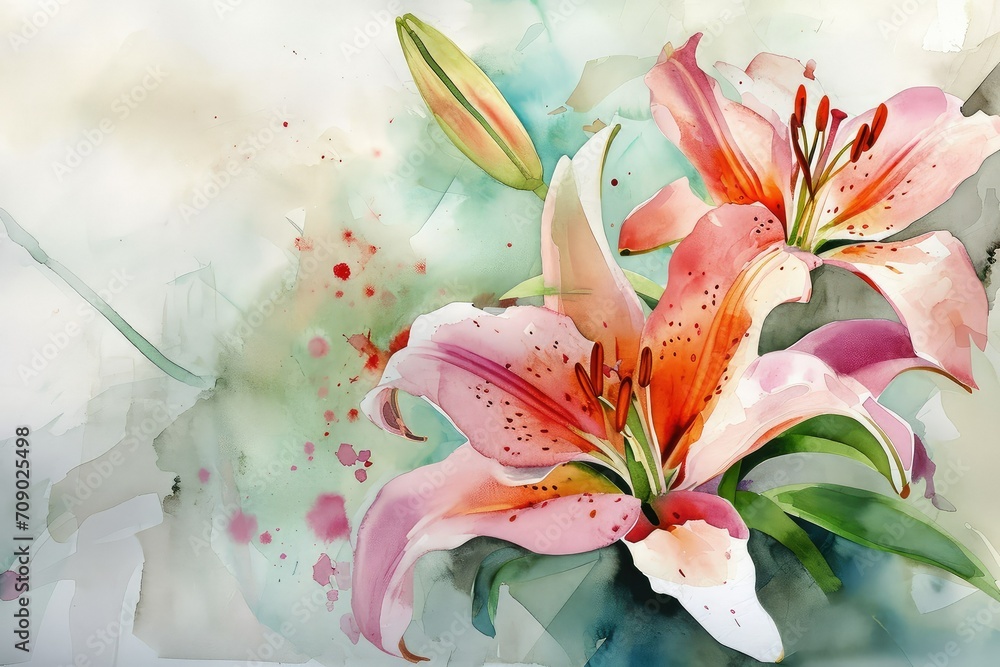 Lilies background: Elegant and beautiful, often associated with devotion and purity, valentine theme, mother's day, watercolor, copy space.