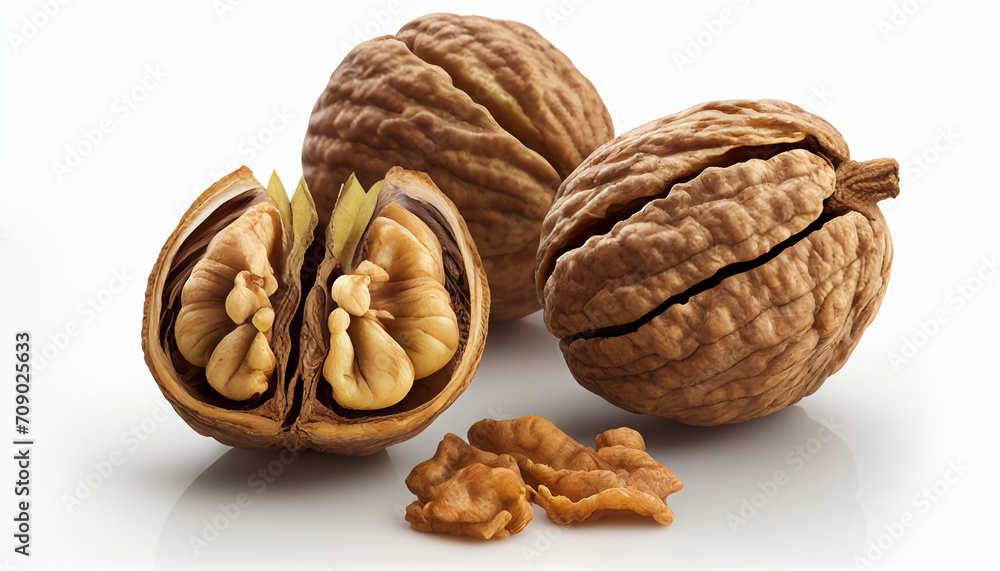 Frontal view clean, whole, fresh walnuts in their shells isolated on a white background Frontal view clean, whole, fresh walnuts in their shells isolated on a white background