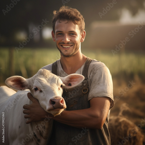 Farmer hugging his calf. photo