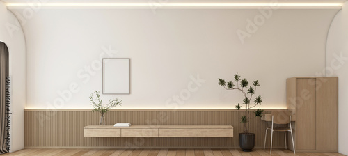 Fototapeta Naklejka Na Ścianę i Meble -  Modern japan style tiny room decorated with wood tv cabinet and wood wardrobe, wood slat wall and white curved wall. 3d rendering