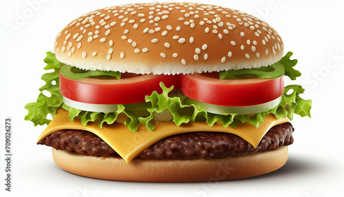 Isolated hamburger with cheese, lettuce, and tomatoes against a white background