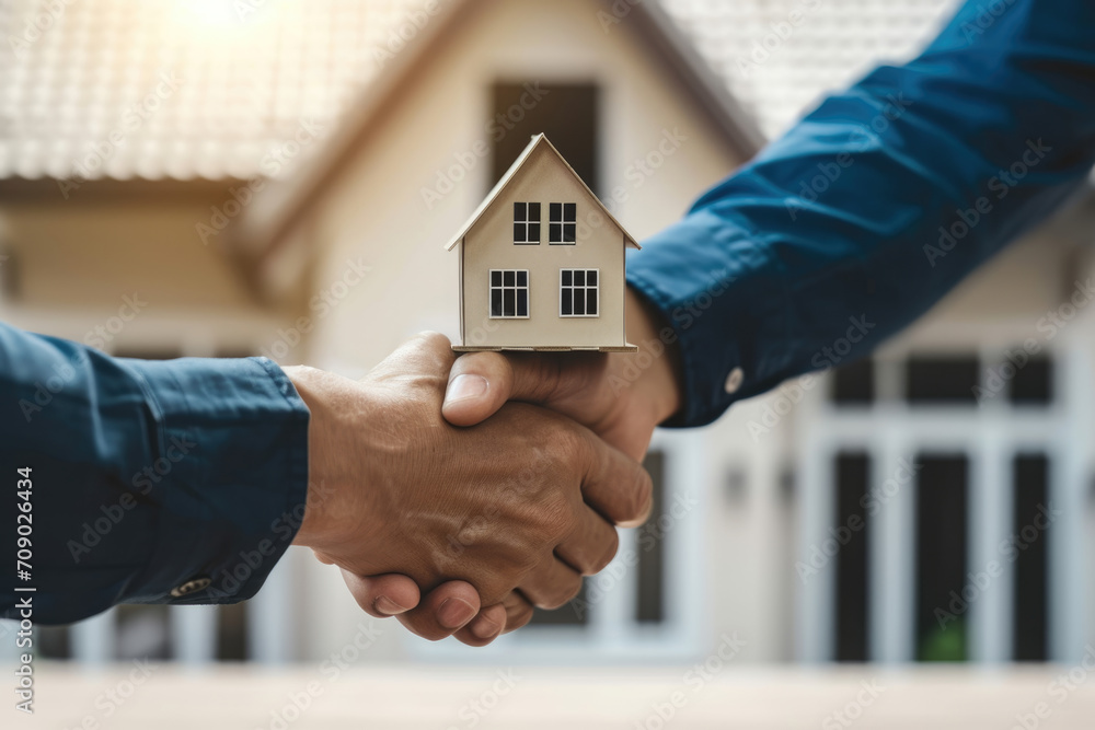 A businessman and a customer shake hands in front of a residential house, signifying a successful agreement and the completion of a real estate deal. A businessman and a customer shake hands in front of a residential house, signifying a successful agreement and the completion of a real estate deal.