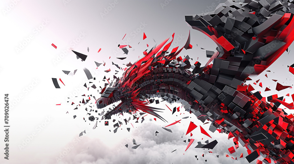 Crimson Genesis: Transformation of Flying Blocks into a Dragon. Generative AI Crimson Genesis: Transformation of Flying Blocks into a Dragon. Generative AI