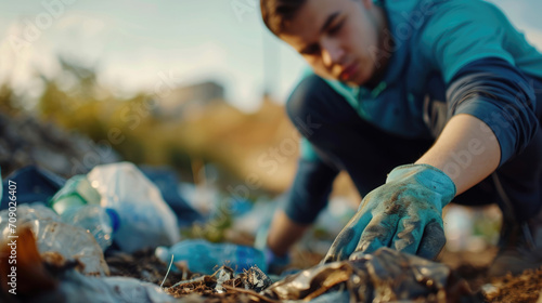 A close-up of a young volunteer cleaning up garbage, underscoring the global pollution issue. photo