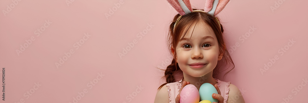 Bunny-themed Easter banner, happy kid, egg decorating, family joy Bunny-themed Easter banner, happy kid, egg decorating, family joy