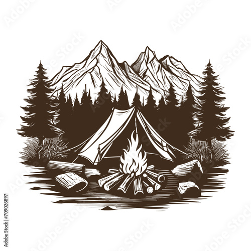 Vector hand sketch campfire with mountains and trees outline © Shova