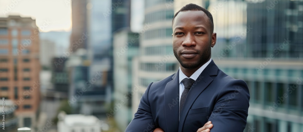 Serious black man in suit on office rooftop, looking confidently at camera.