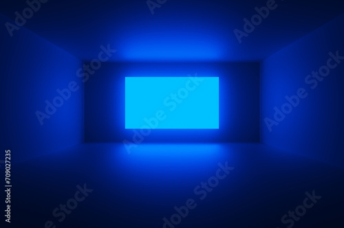 Front view full frame of empty room with blue neon display. 3d rendering illustration.