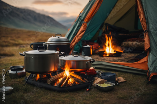 Camping set up with cooking pots