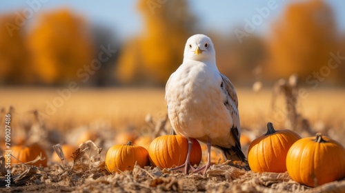 A DSLR photo of a seagull standing on a pumpkin in schleswig holstein countryside in autumn photo