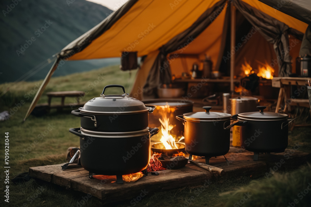 Camping set up with cooking pots Camping set up with cooking pots