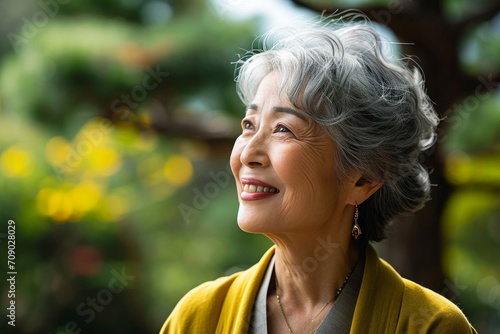 新緑の公園で微笑む日本人のシニア女性, Generative AI