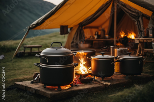 Camping set up with cooking pots